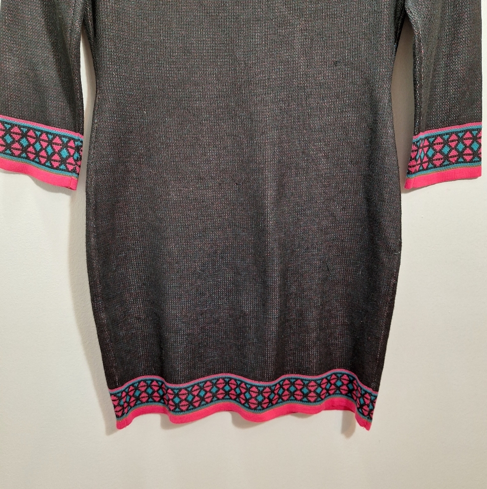 NWT FLYING TOMATO Multicolor Teal Pink Asymmetrical Midi Sweater Dress Medium - Picture 9 of 14